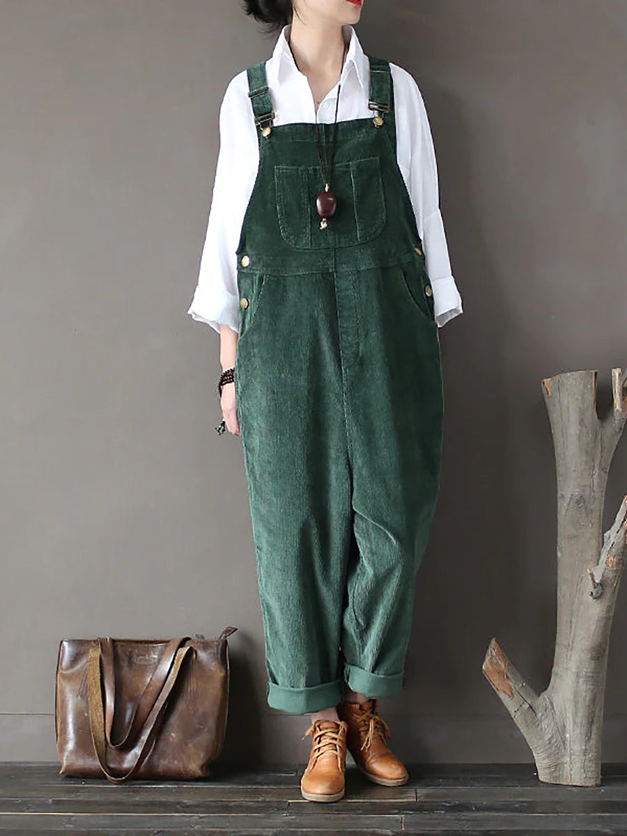 Plus Size Women Solid Color Corduroy Jumpsuits