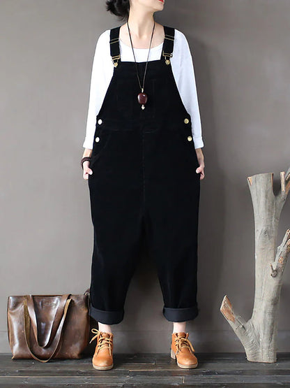 Plus Size Women Solid Color Corduroy Jumpsuits