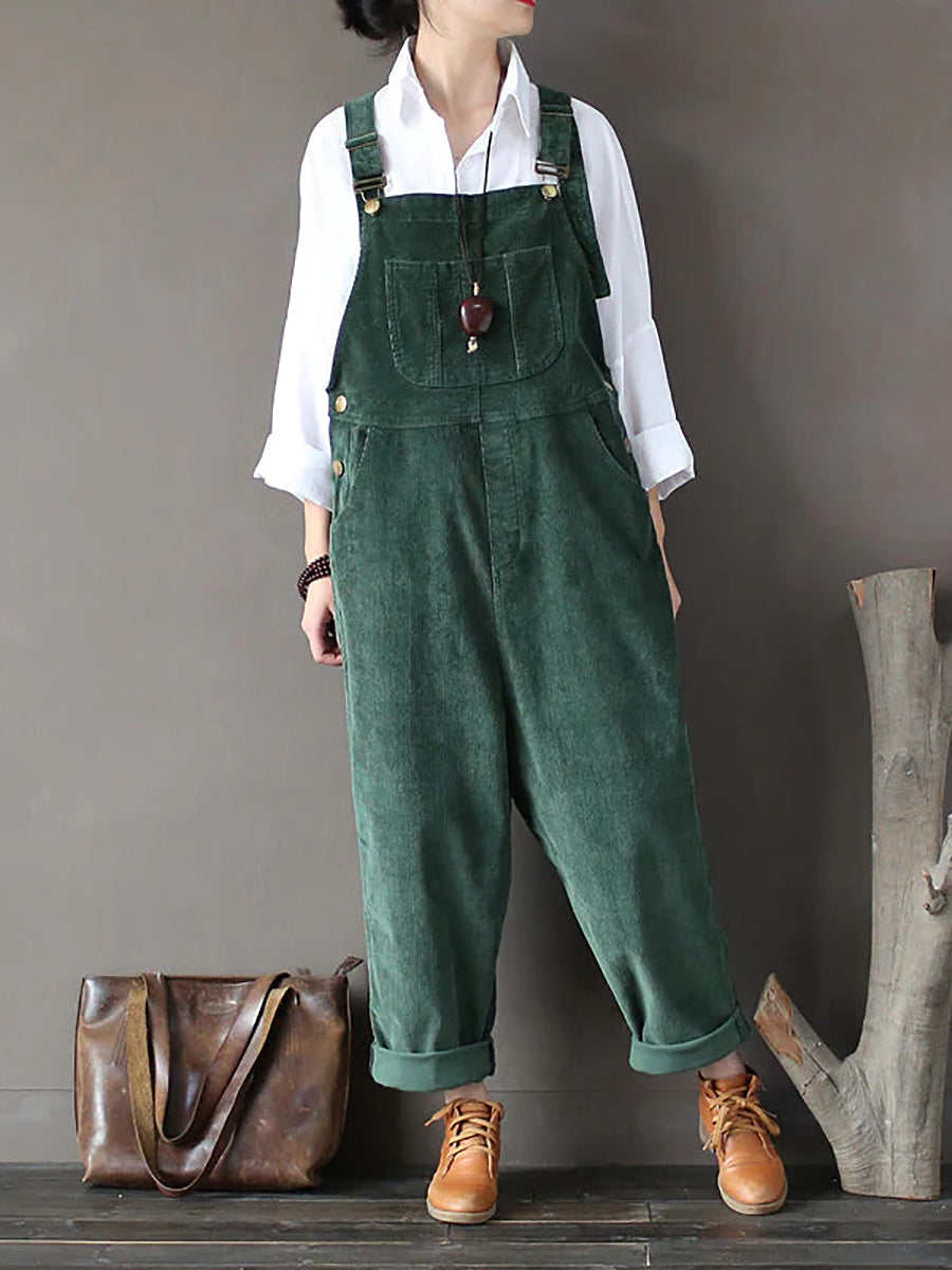 Plus Size Women Solid Color Corduroy Jumpsuits