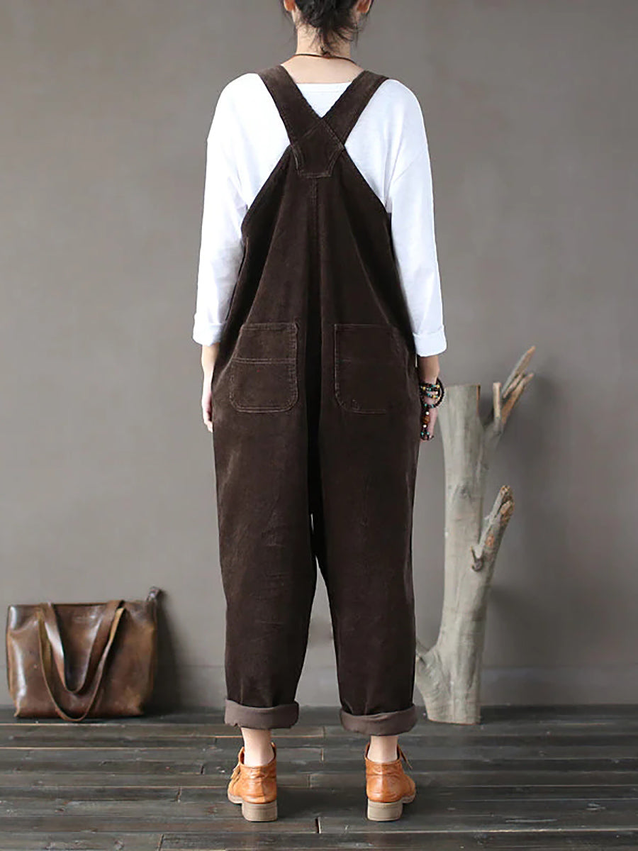 Plus Size Women Solid Color Corduroy Jumpsuits
