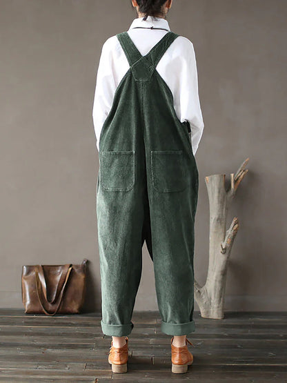 Plus Size Women Solid Color Corduroy Jumpsuits
