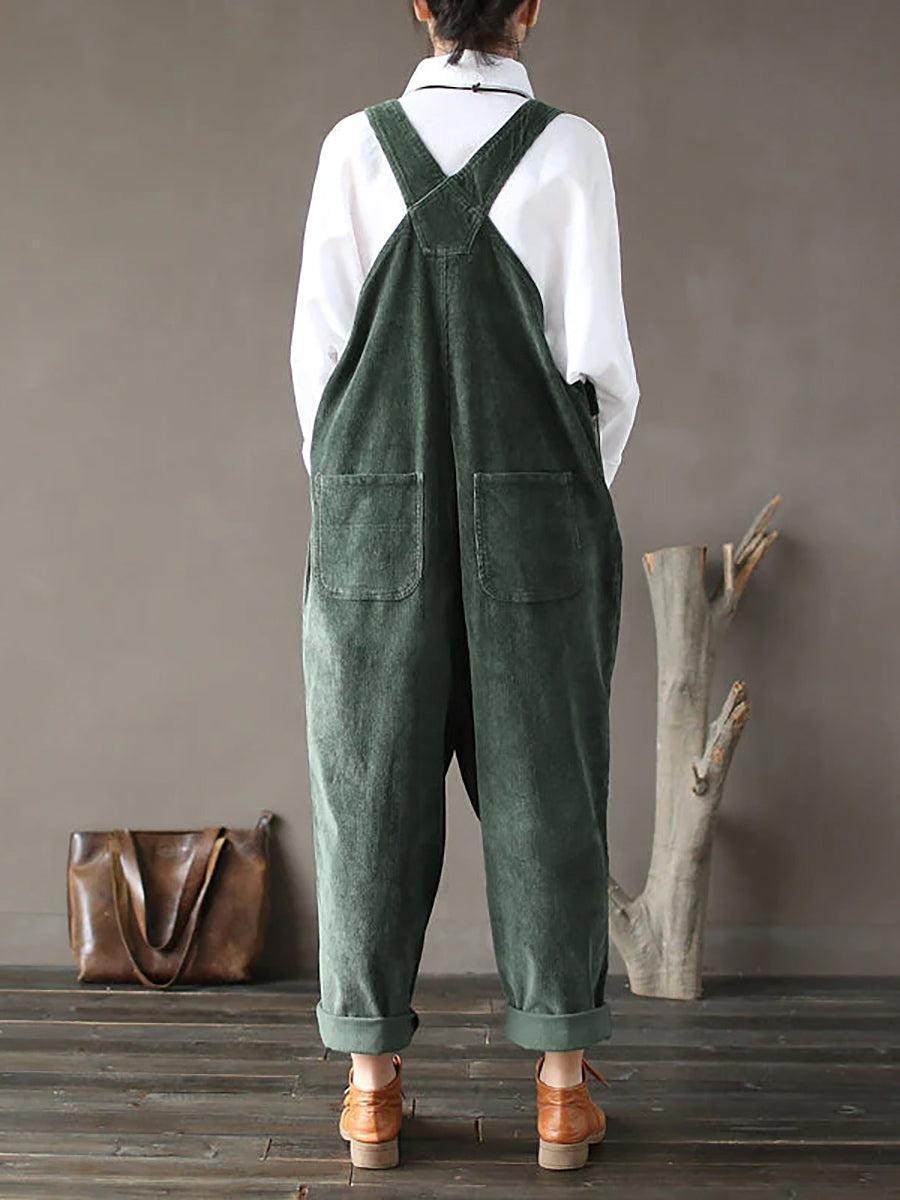 Plus Size Women Solid Color Corduroy Jumpsuits