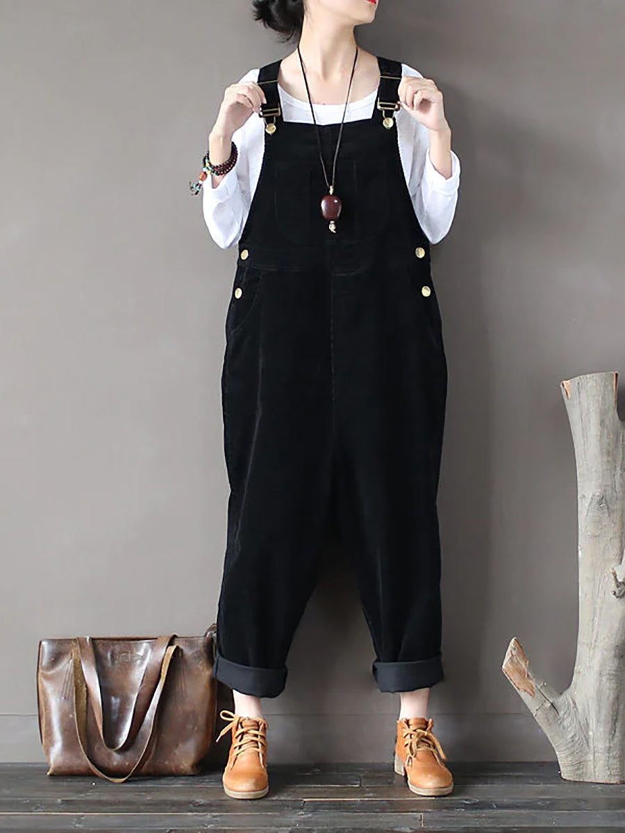 Plus Size Women Solid Color Corduroy Jumpsuits