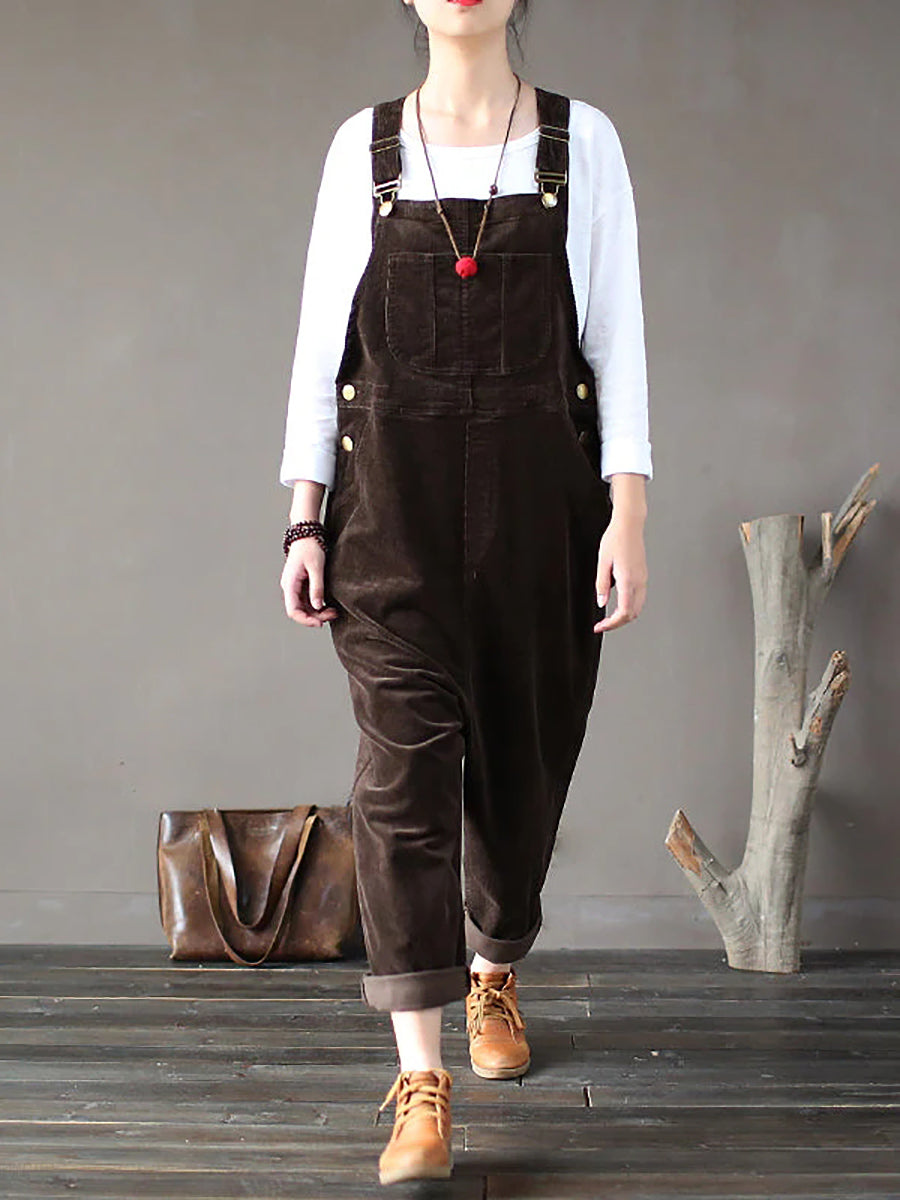 Plus Size Women Solid Color Corduroy Jumpsuits