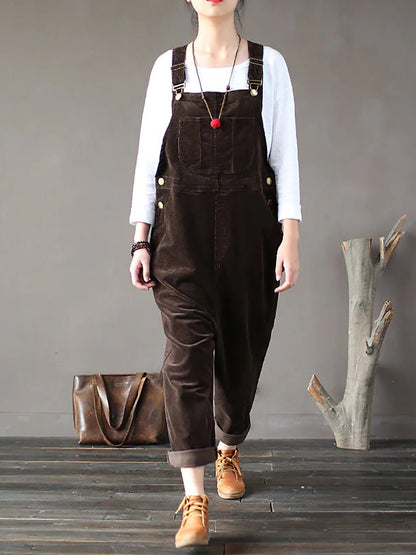 Plus Size Women Solid Color Corduroy Jumpsuits