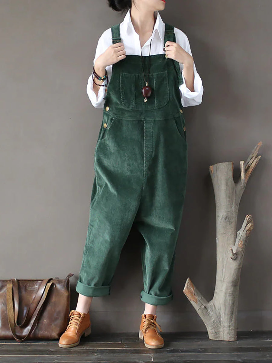 Plus Size Women Solid Color Corduroy Jumpsuits