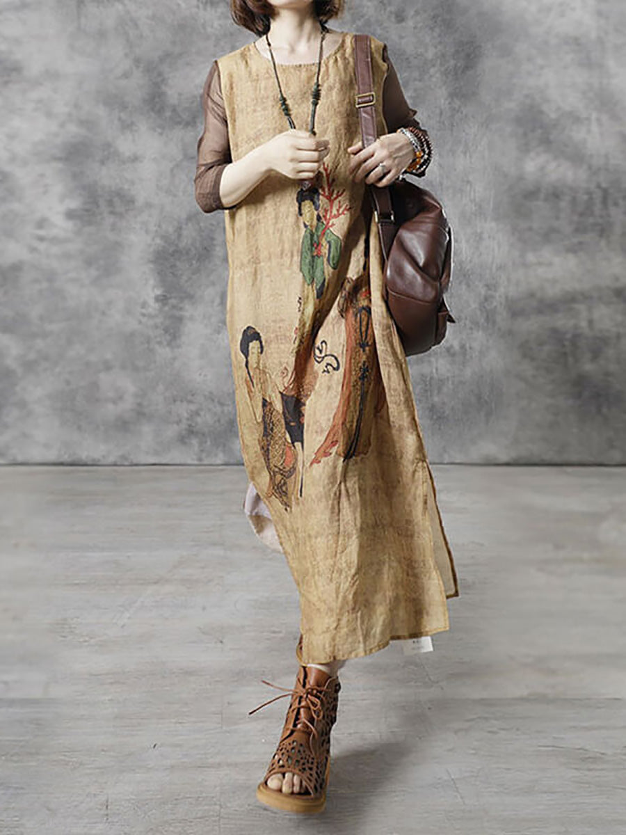 Plus Size Women Vintage Casual O-Neck Maxi Dress