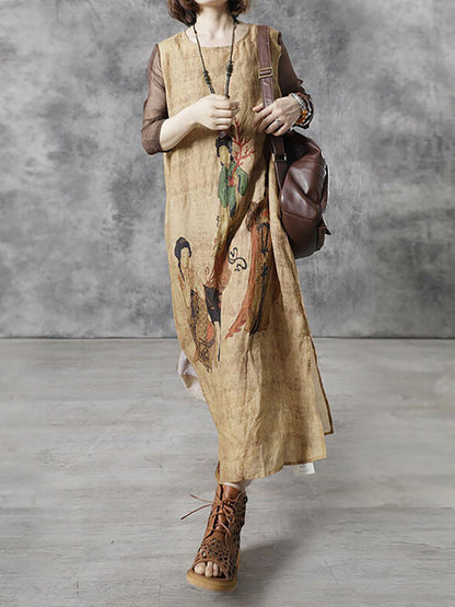 Plus Size Women Vintage Casual O-Neck Maxi Dress