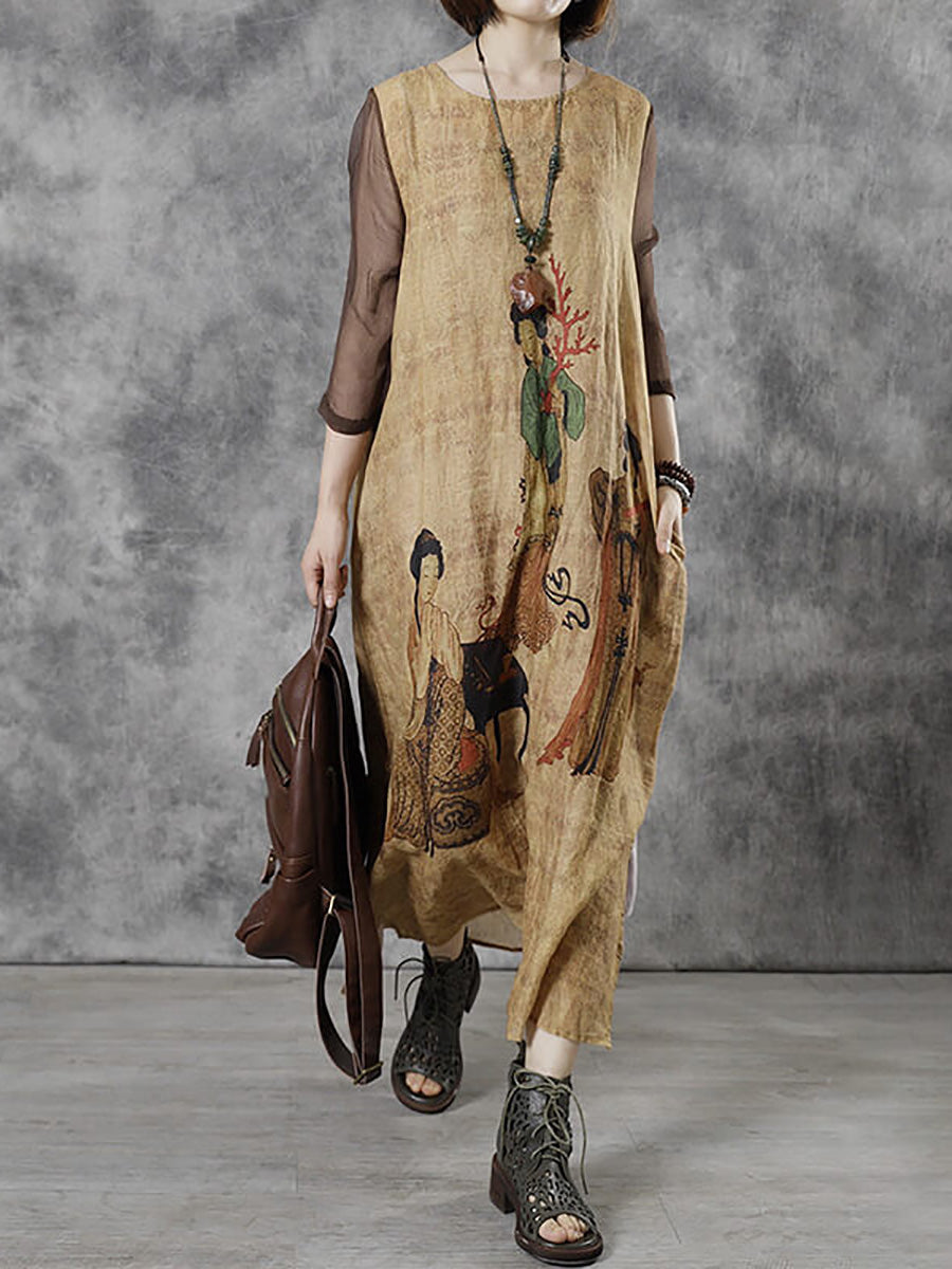 Plus Size Women Vintage Casual O-Neck Maxi Dress