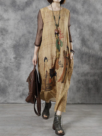 Plus Size Women Vintage Casual O-Neck Maxi Dress