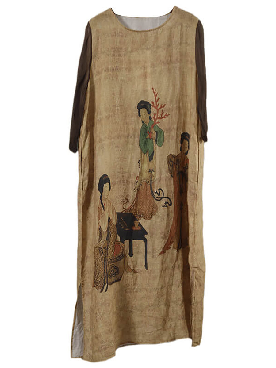 Plus Size Women Vintage Casual O-Neck Maxi Dress