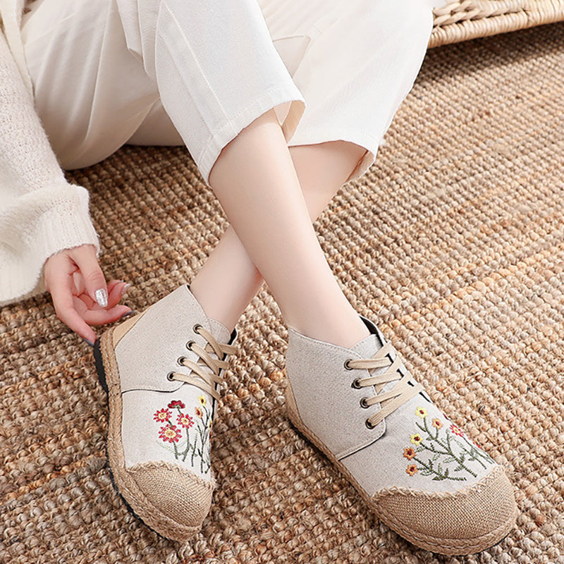 Women Vintage Embroidered Flat Lace-up Canvas Shoes