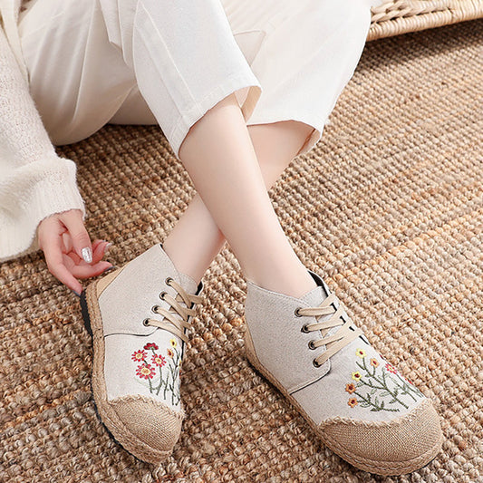 Women Vintage Embroidered Flat Lace-up Canvas Shoes