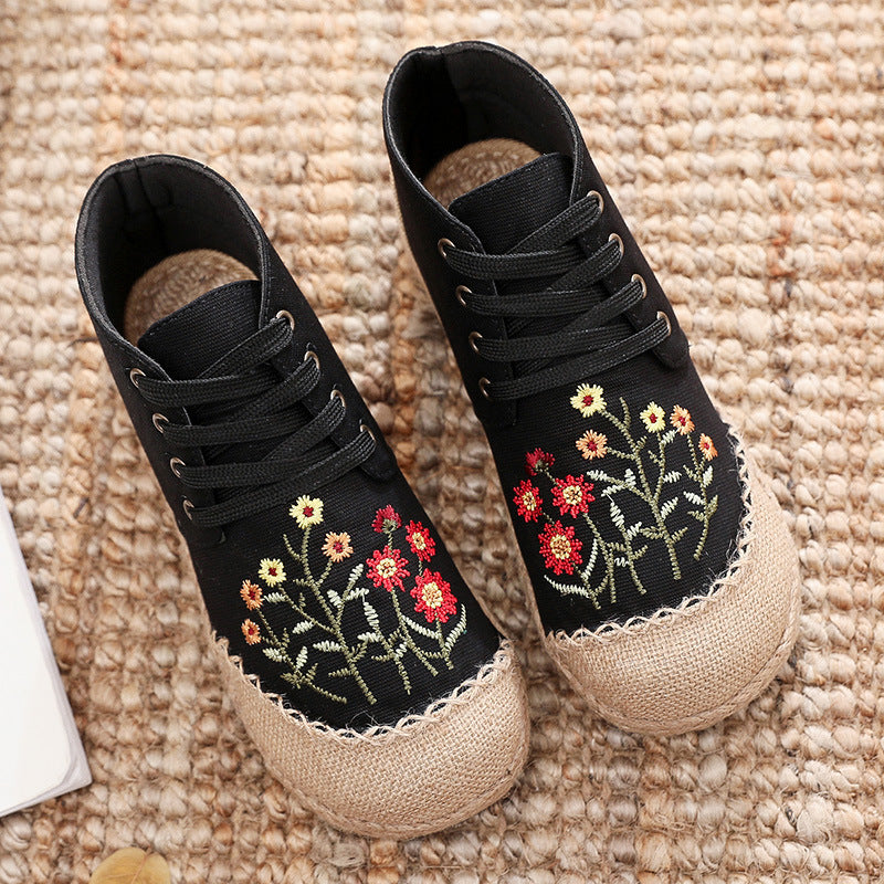 Women Vintage Embroidered Flat Lace-up Canvas Shoes
