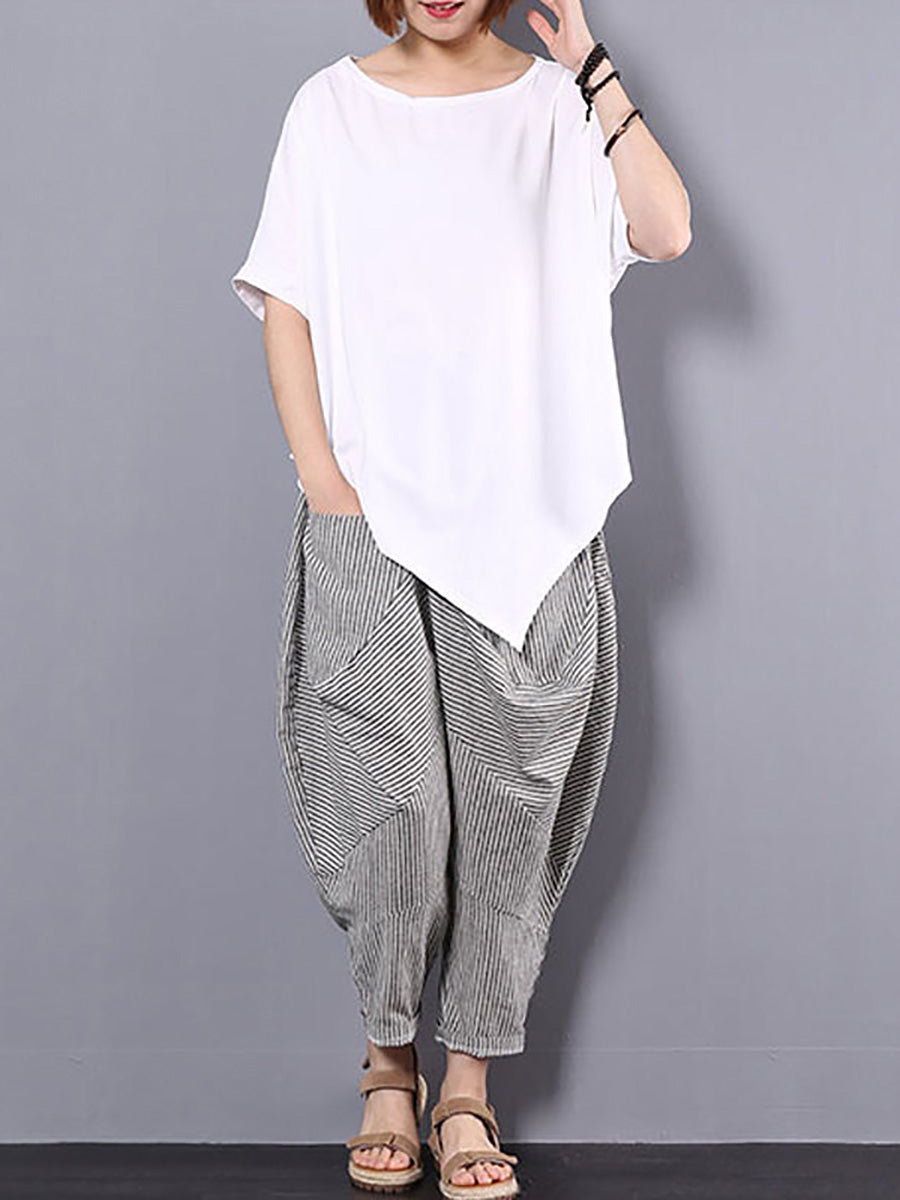 Plus Size Women Irregular Loose 100% Cotton T-Shirt