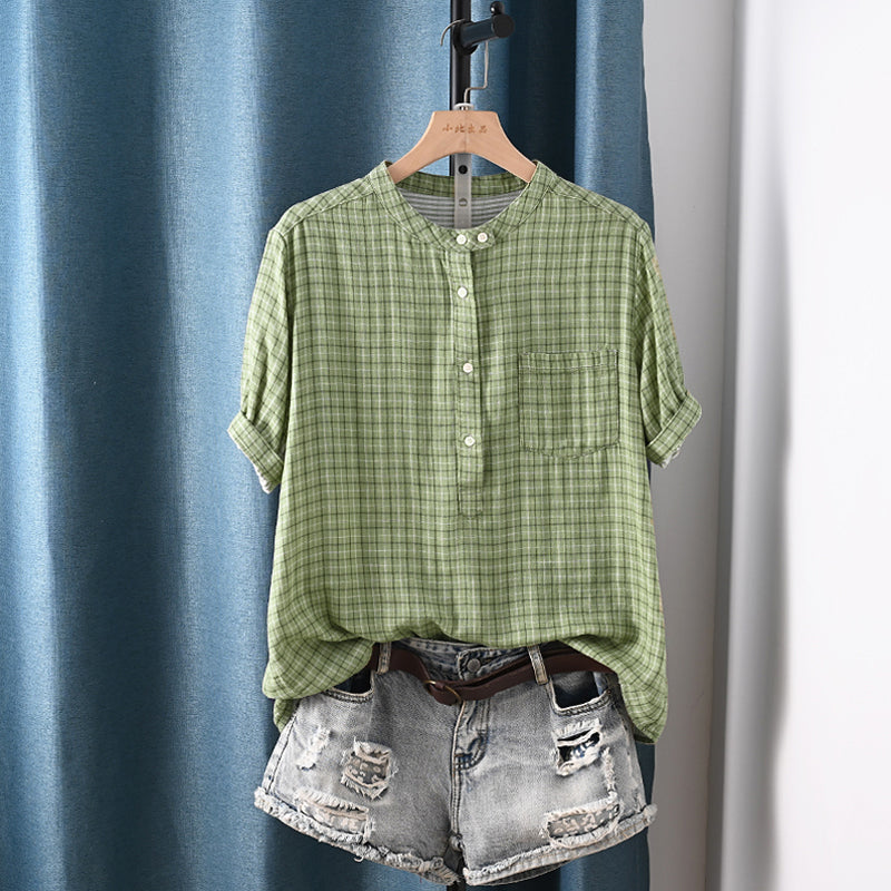 Women Summer Plaid Stand Collar 100%Cotton Shirt