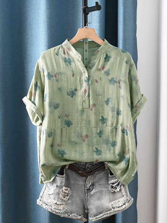 Plus Size Women Summer Artsy Flower 100%Cotton V-Neck Blouse