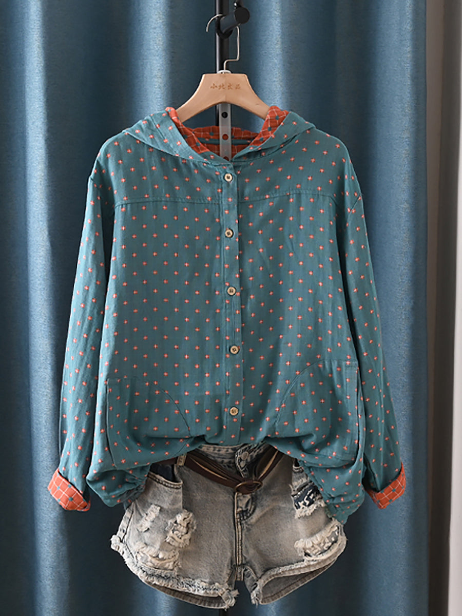 Plus Size Women Autumn Vintage Plaid Hooded 100%Cotton Shirt