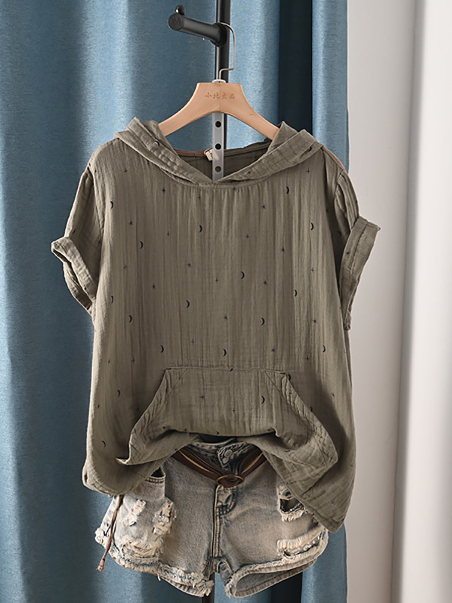 Plus Size Women Summer Casual Print Hooded 100%Cotton Shirt