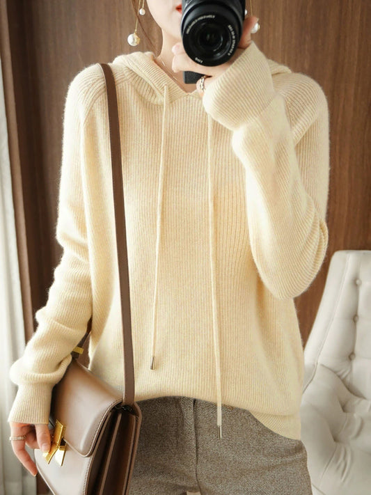 Women Autumn Casual Pure Color Hooded Sweater