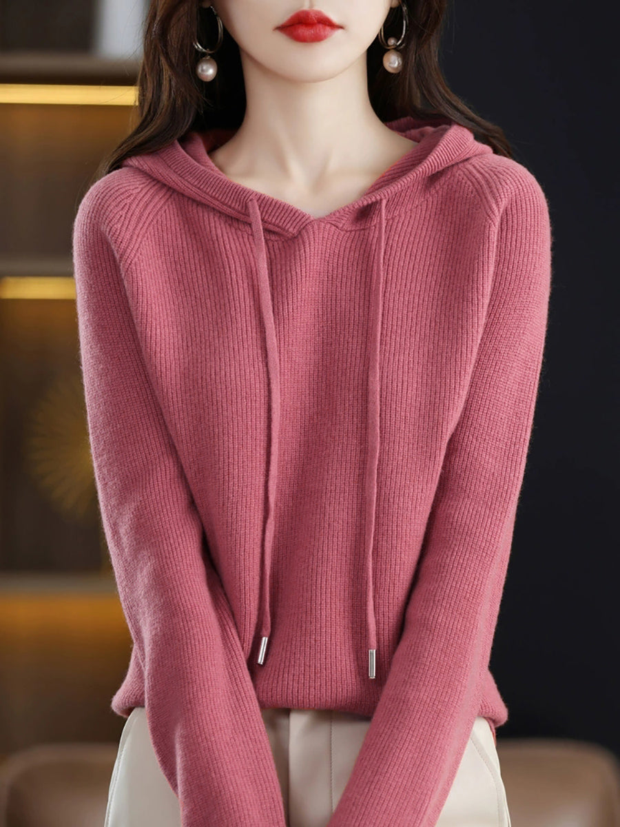 Women Autumn Casual Pure Color Hooded Sweater