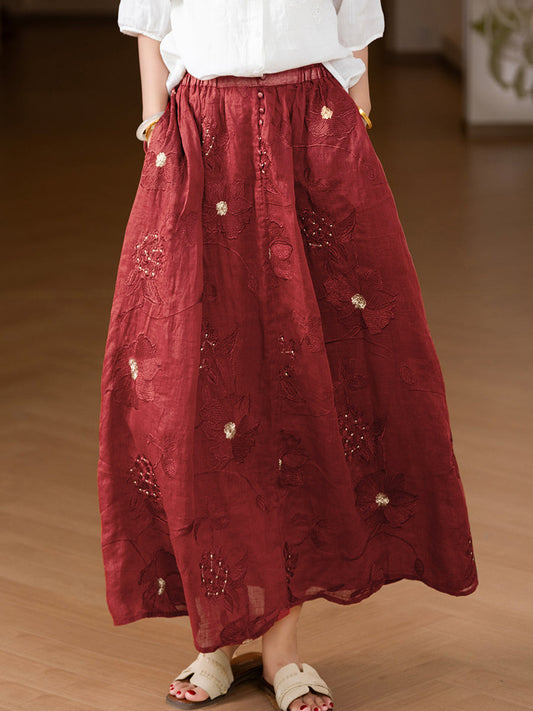 Plus Size Women Summer Artsy Flower Embroidery 100%Ramie Skirt