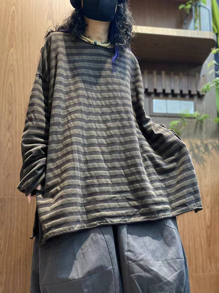 Women Autumn Vintage Stripe 100%Cotton O-Neck Blouse