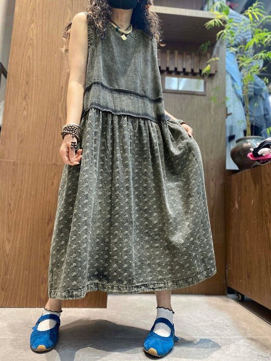 Women Summer Vintage Spliced O-Neck Denim Vest Dress