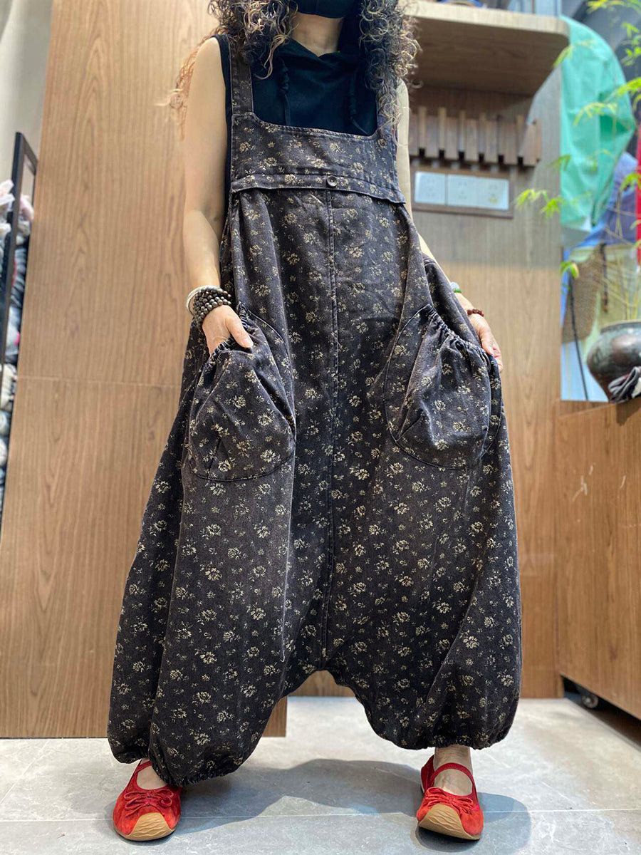 Women Vintage Floral Denim Low Crotch Jumpsuit