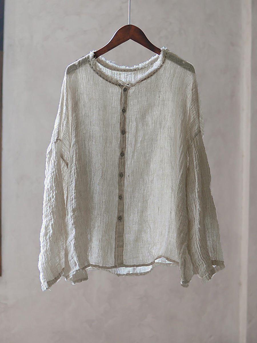 Women Summer Retro Pure Color Raw-edge O-Neck Linen Shirt