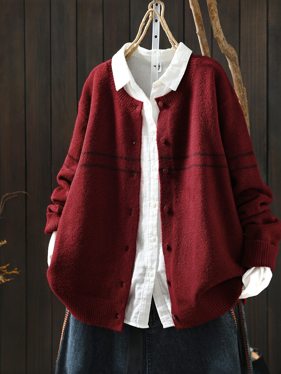 Women Autumn Artsy Stripe Knitted O-Neck Sweater