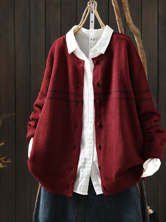Women Autumn Artsy Stripe Knitted O-Neck Sweater