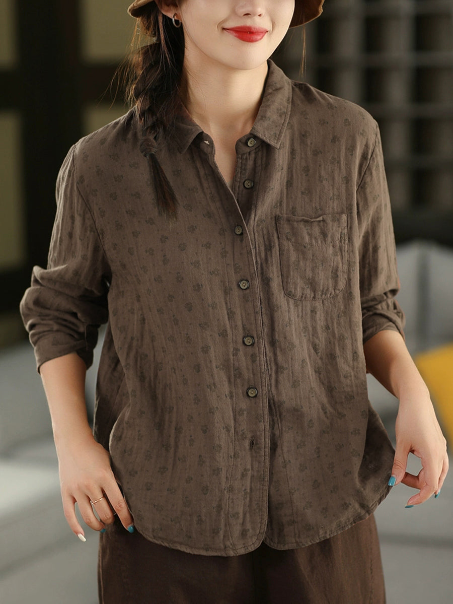 Women Autumn Vintage Floral 100%Cotton Turn-down Collar Shirt
