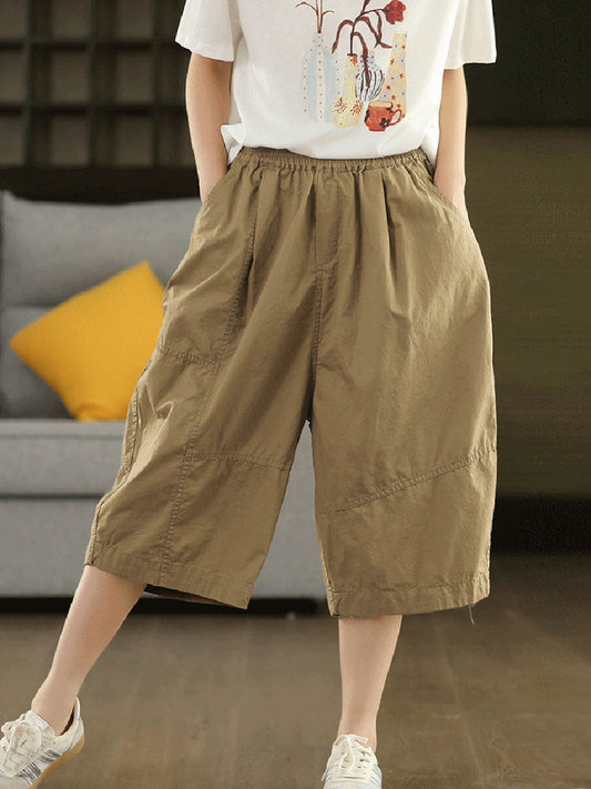 Women Summer Artsy Pure Color Cotton Calf Harem Pants
