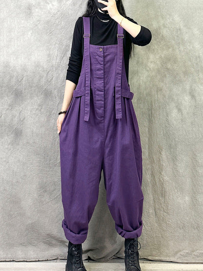 Plus Size Women Summer Casual Pure Color Cotton Jumpsuits