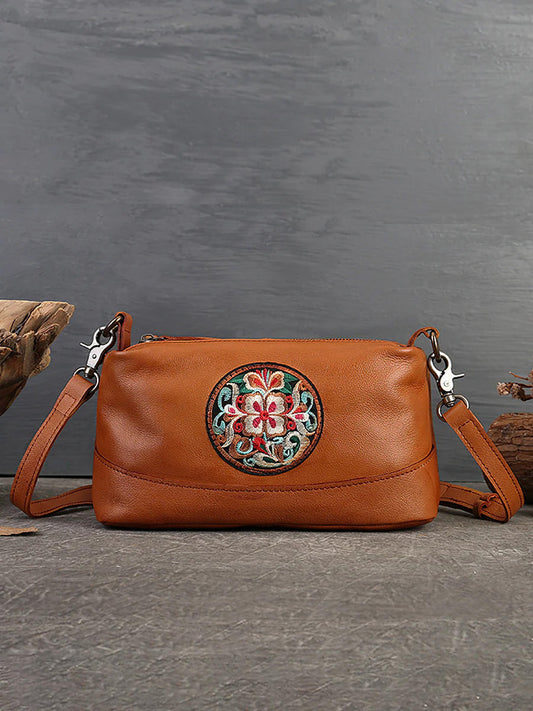 Vintage Floral Embroidered Leather Crossbody Bag