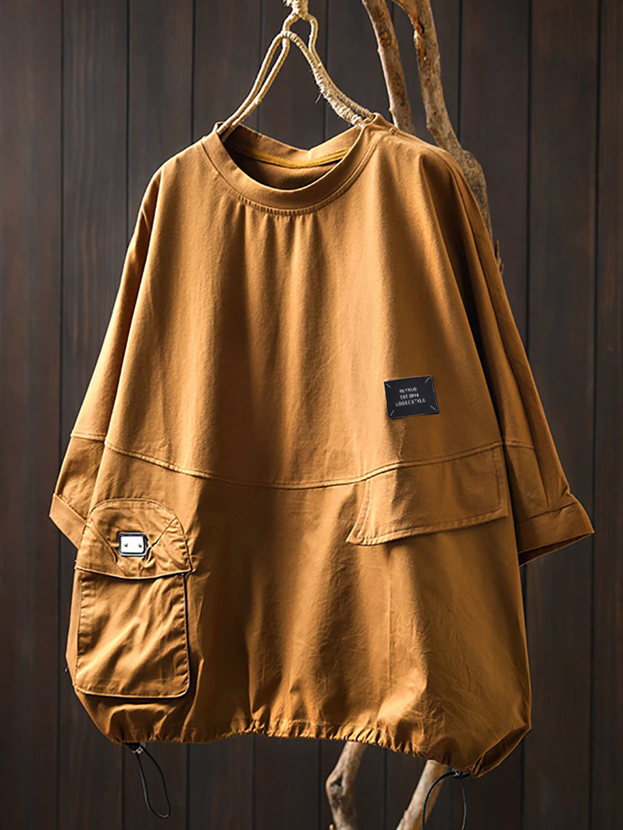 Plus Size Women Summer Pocket Pure Color O-Neck Cotton Shirt