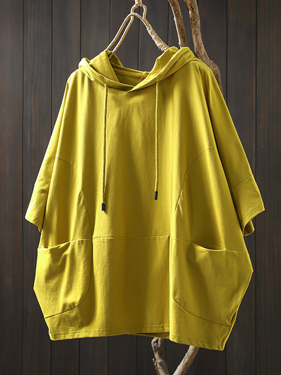 Plus Size Women Summer Casual Pure Color Hooded Cotton Shirt