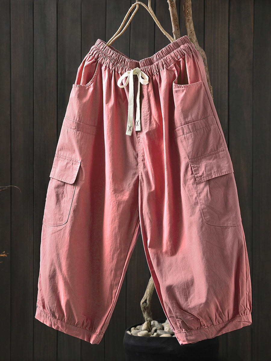 Plus Size Women Summer Casual Pure Color Cotton Capri Pants