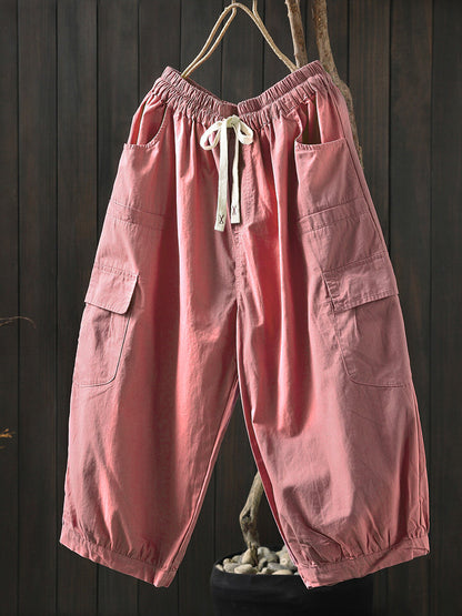 Plus Size Women Summer Casual Pure Color Cotton Capri Pants