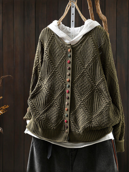 Women Autumn Vintage Rhomboids Knitted O-Neck Sweater