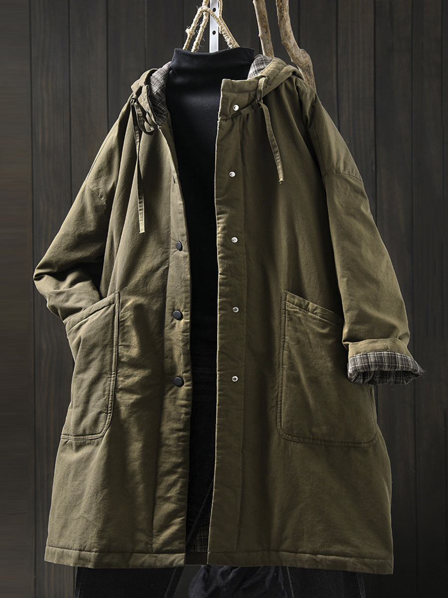 Women Autumn Casual Pure Color Hooded Padded Coat