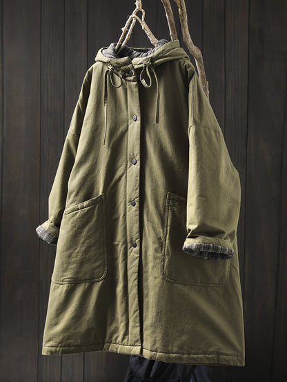 Women Autumn Casual Pure Color Hooded Padded Coat
