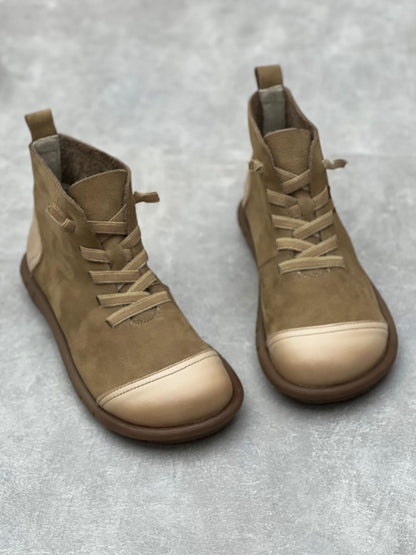 Women Vintage Leather Spliced Drawstring Ankle Boots