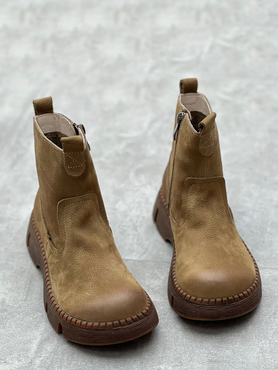 Women Vintage Genuine Leather Spliced Platform Boots