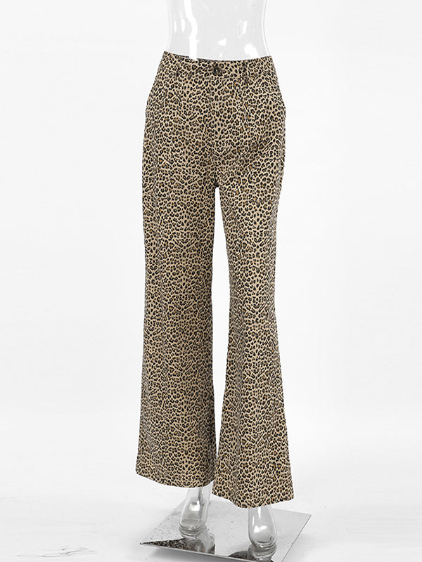 High Waisted Loose Leopard Printed Split-Joint Pants Trousers
