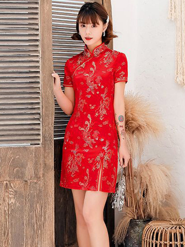 Burgundy&Red Plum Blossom Print Stand Collar Short Cheongsam