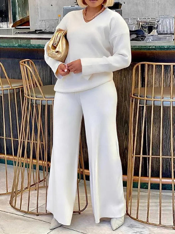 Long Sleeves Loose Solid Color V-Neck Pullovers