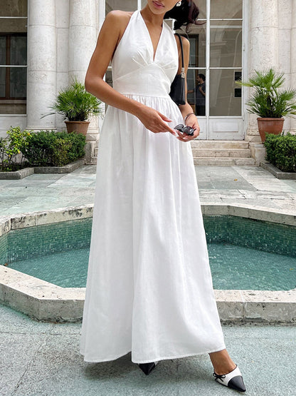 A-Line High Waisted Backless Pleated Solid Color Split-Joint Halter-Neck Midi Dresses