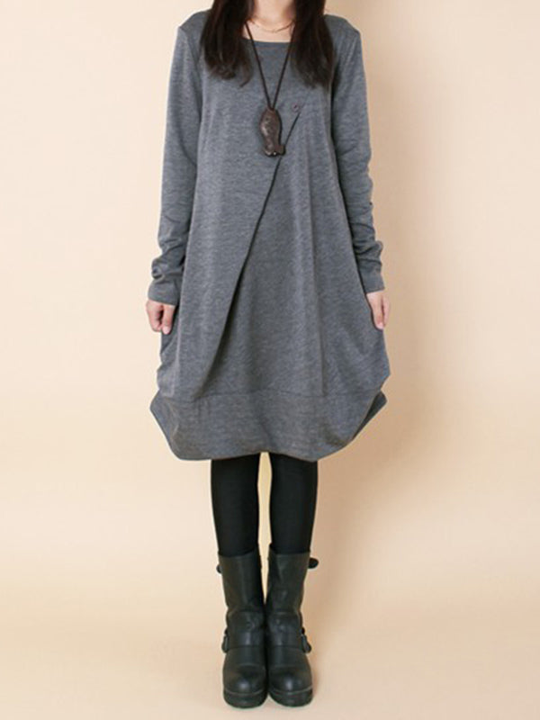 A-line Long Sleeves Pleated Solid Color Round-neck Dresses Maxi Dresses